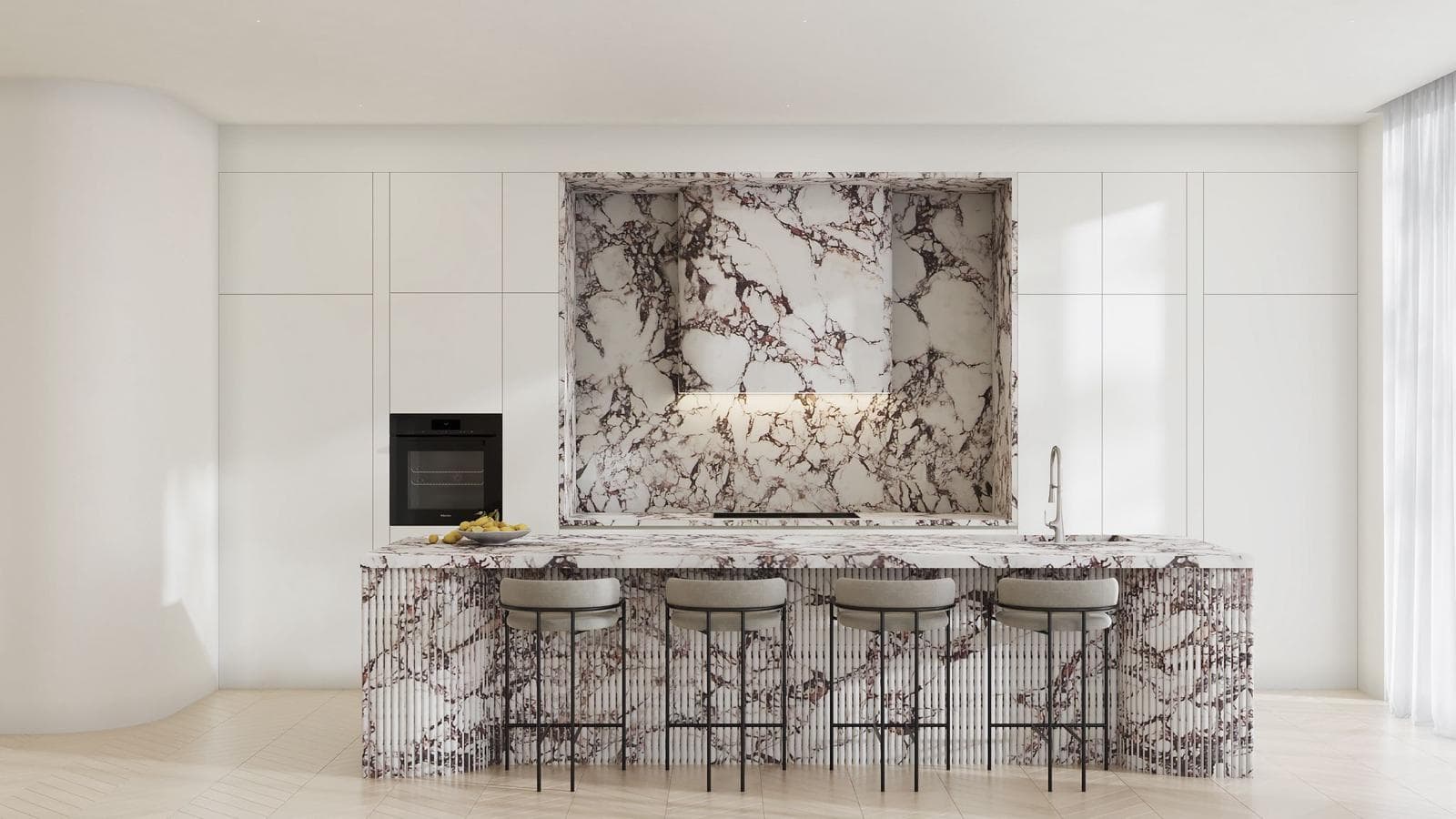 Kitchen with dramatic marble island
