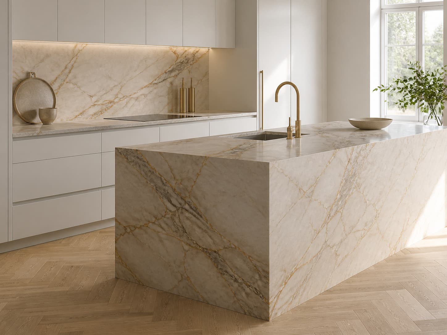 A kitchen island and matching splashback in warm gold-veined marble, shown at room scale