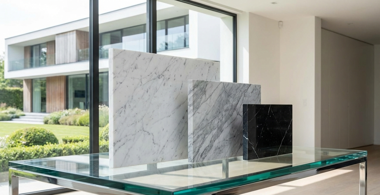 Marble samples arranged in a modern interior